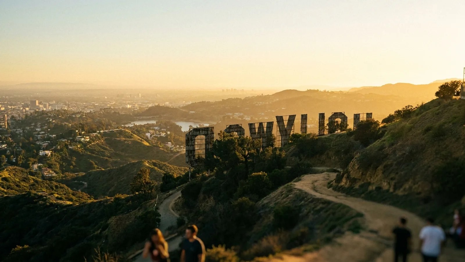 Walkers on a trail in the golden light, looking past the back of the Hollywood Sign toward the city