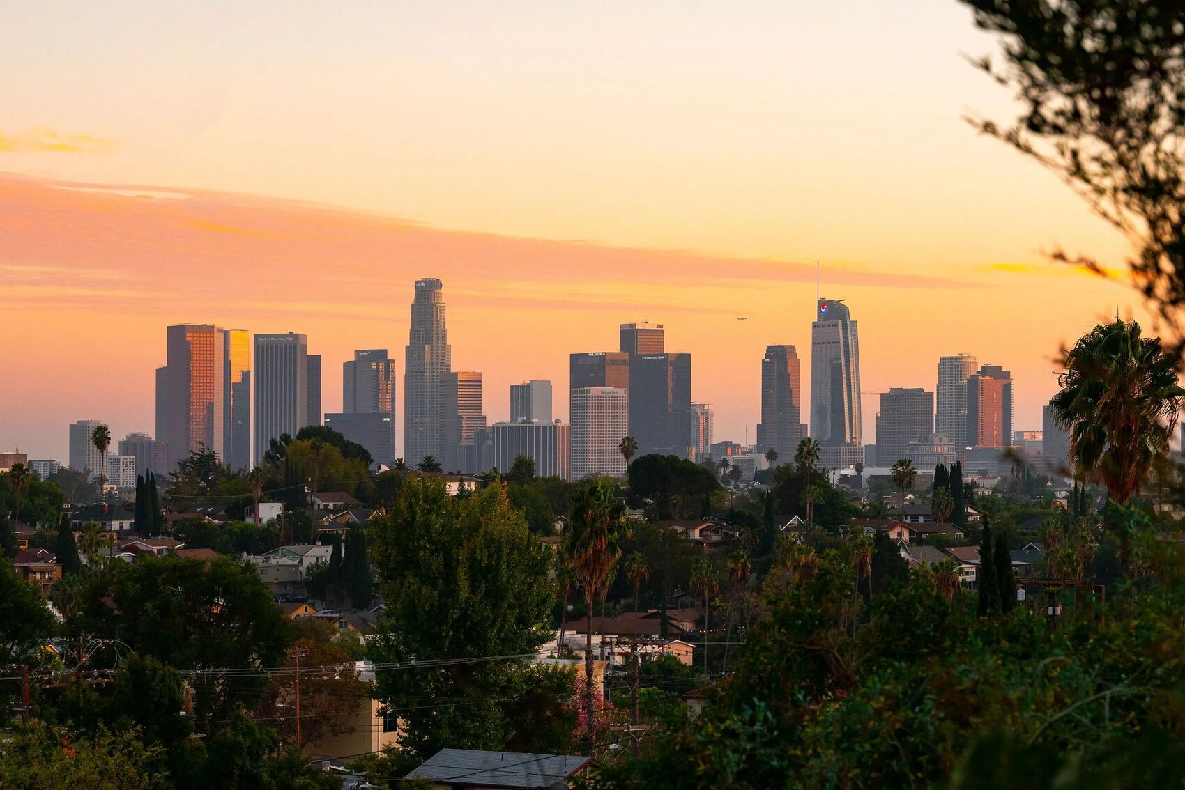 Downtown Los Angeles skyline at sunset, seen from the Silver Lake hills